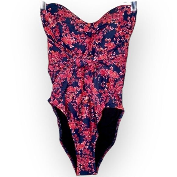 WeWoreWhat Bandeau Tie-Front One-Piece Swimsuit L Navy Red Floral - Picture 3 of 8